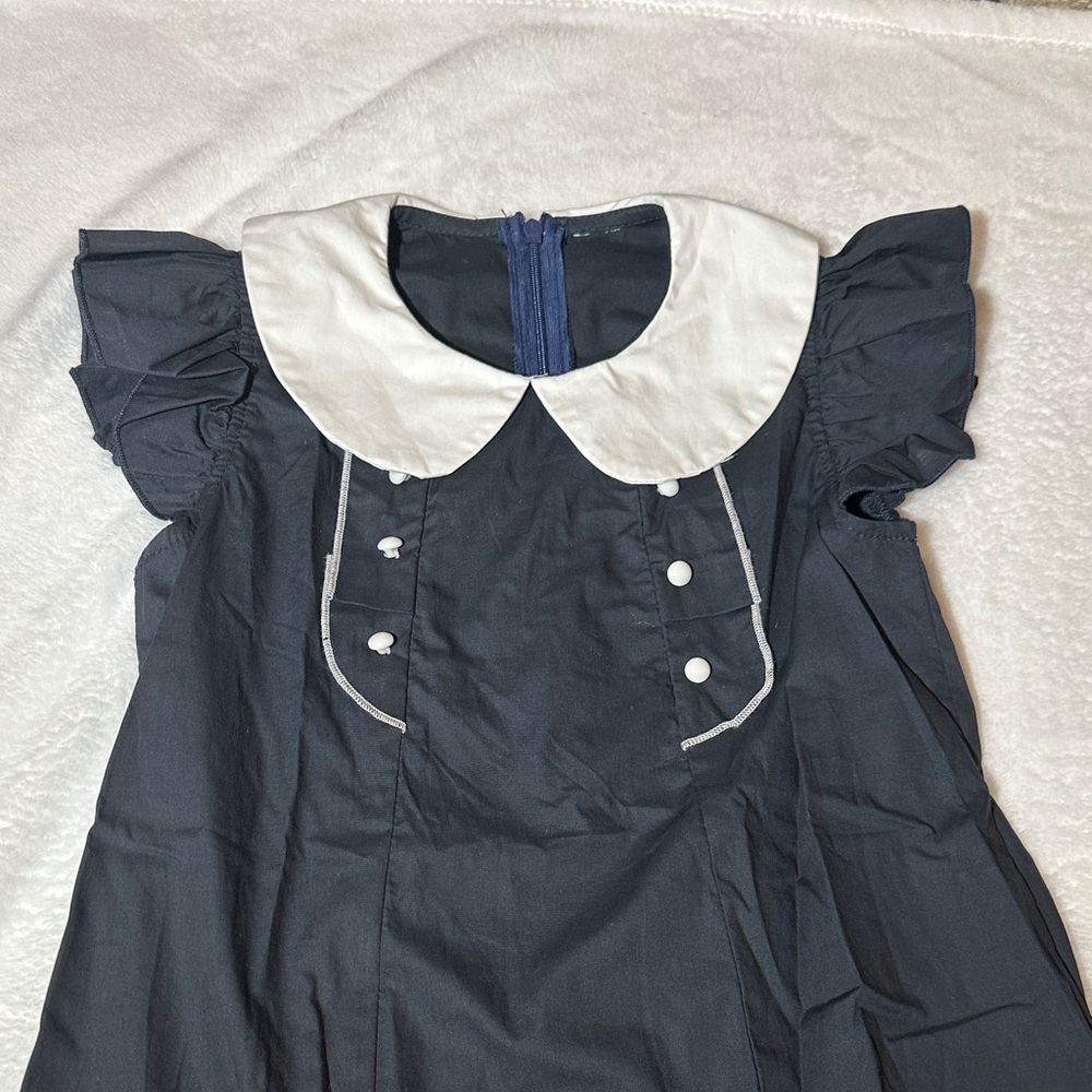 NWOT Navy Peter Pan collar dress with ruffle & button details size 8/9 - Picture 2 of 3